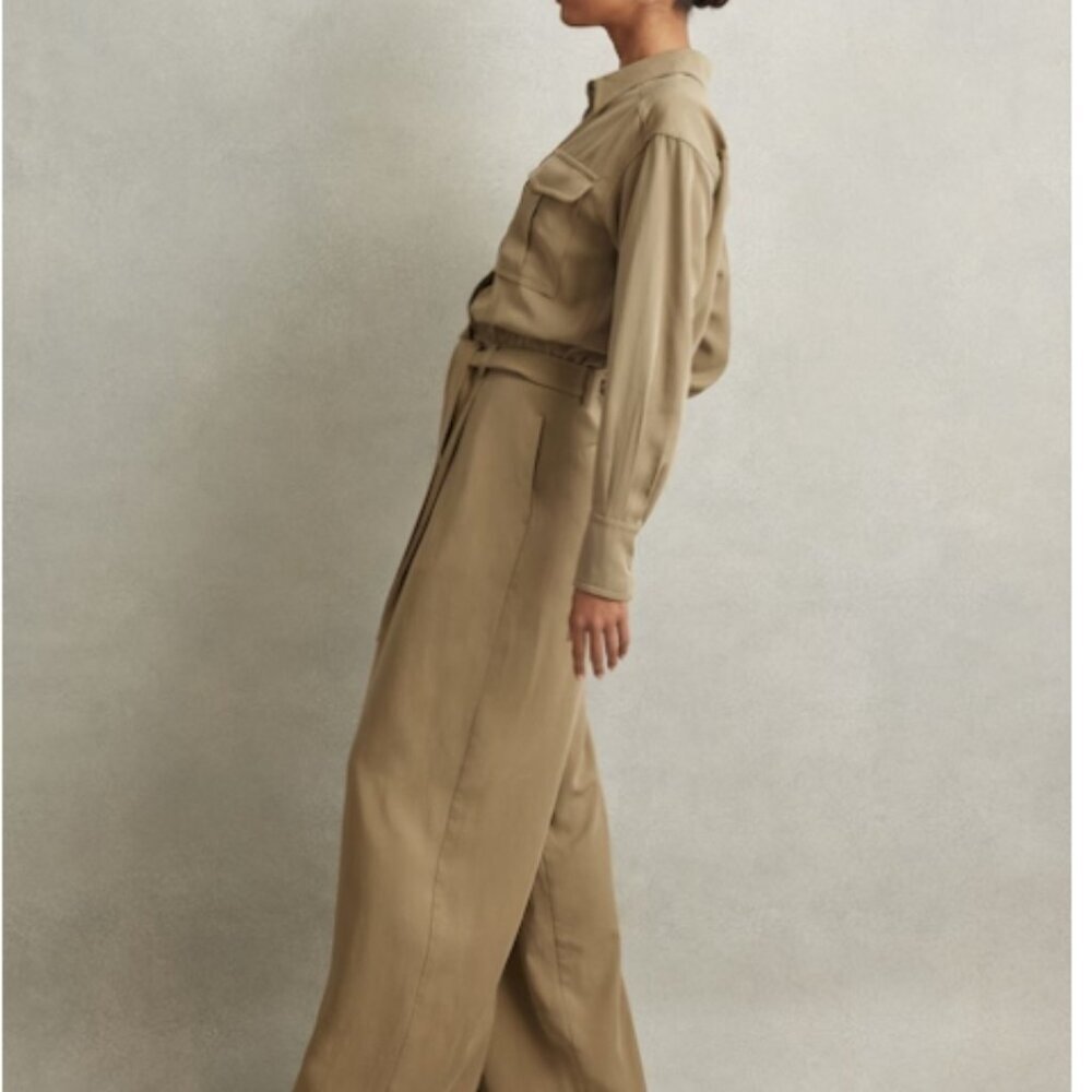 REISS Liliana Lyocell Wide Leg Jumpsuit in Khaki US 2 NWT - Picture 3 of 6